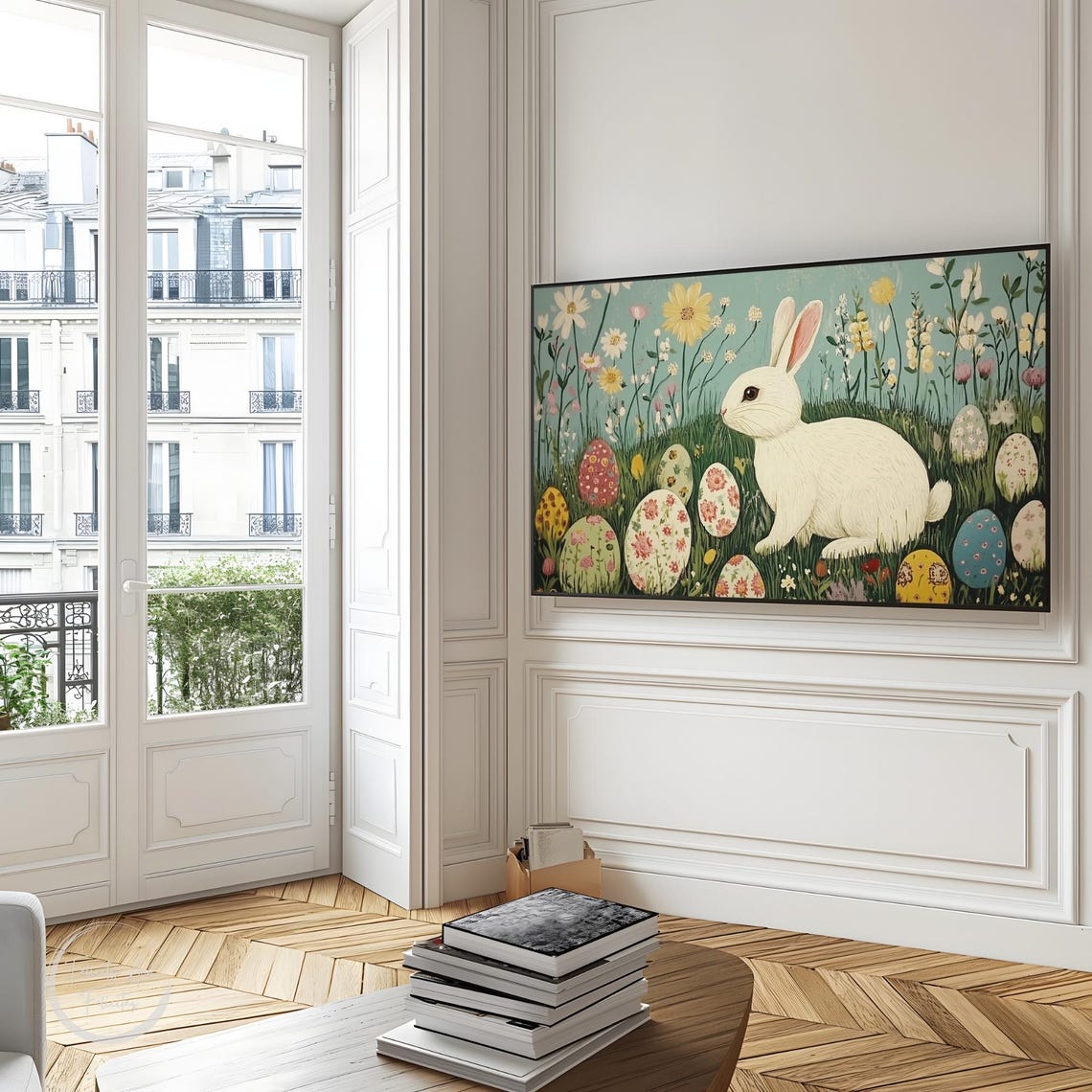 Retro Easter Bunny White Rabbit Wildflowers Eggs Frame TV Art Poster - Image 3