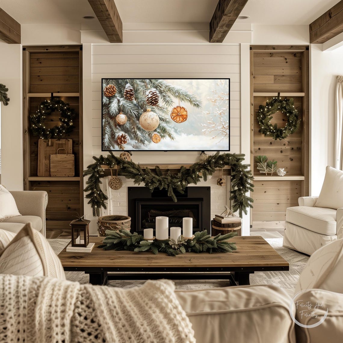 Snowy Pine Branch with Ornaments Pinecones and Orange Slices Poster - Image 3