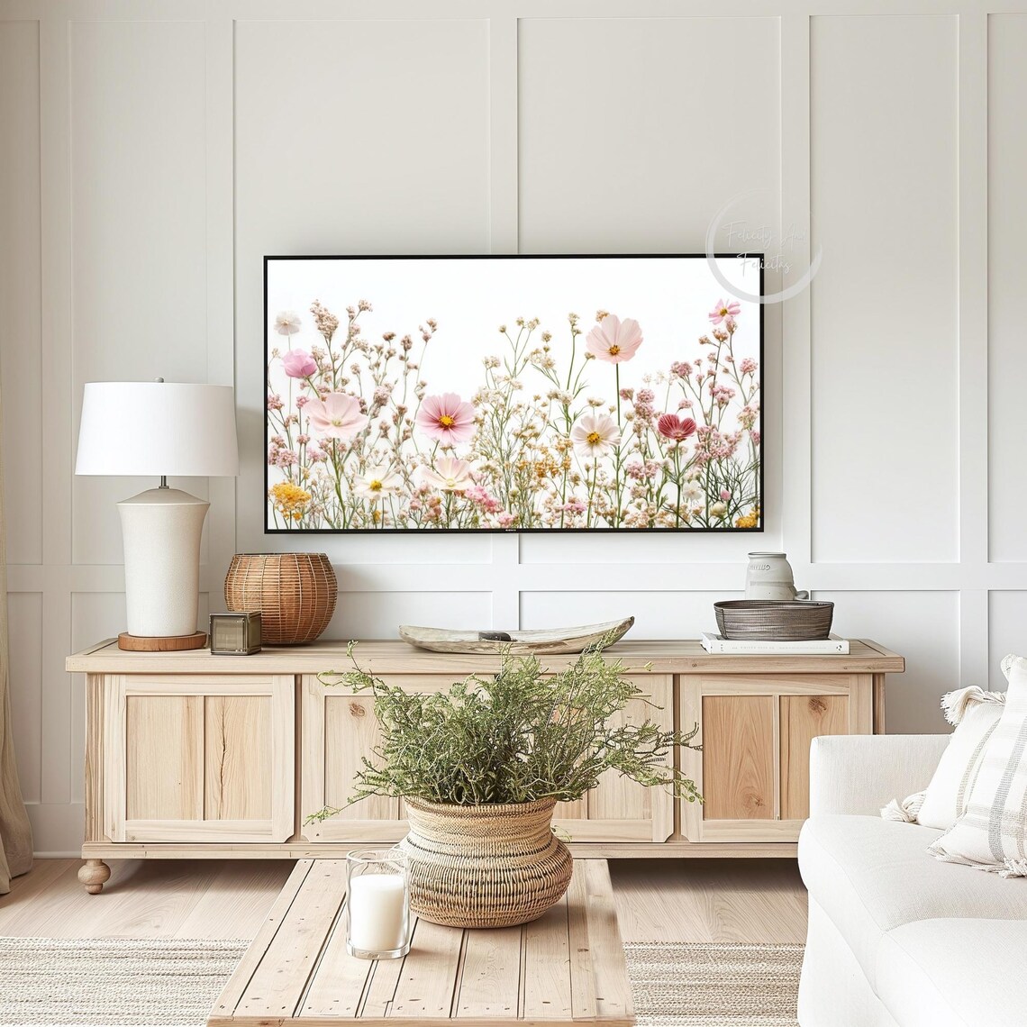 Delicate Wildflower Meadow Cosmos White Background Floral Frame TV Art Poster - Image 3