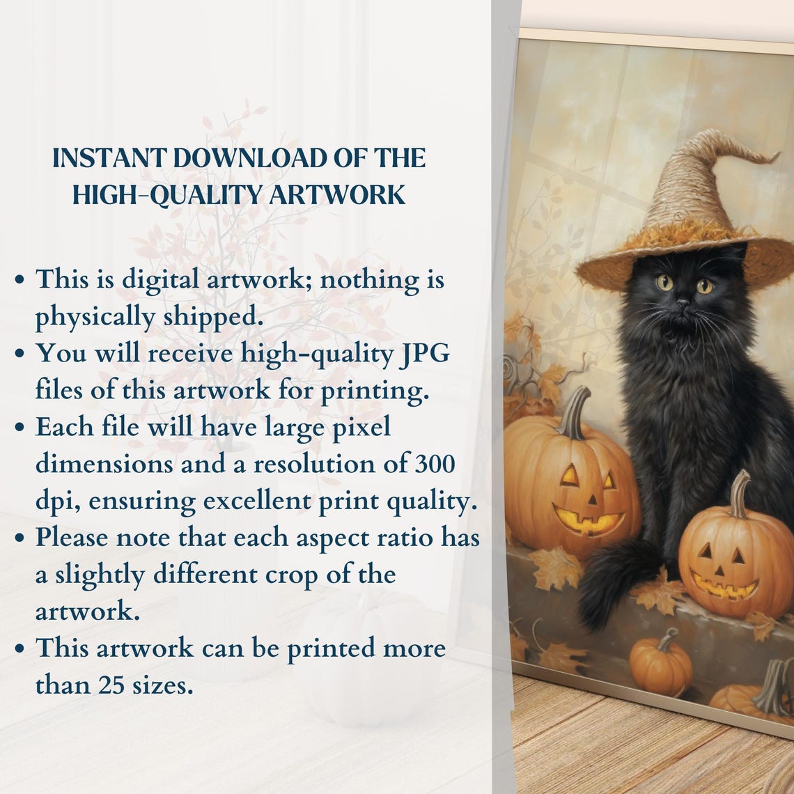 Black Cat Witch Hat Jack O Lantern Pumpkins Halloween Wall Art - Image 3