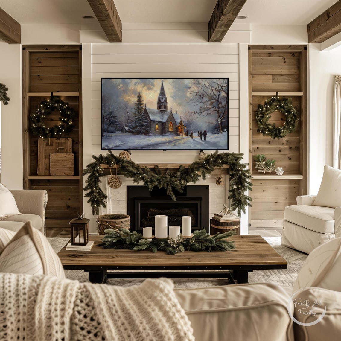 Snowy Church on Christmas Eve Night in Falling Snow Winter Poster - Image 4