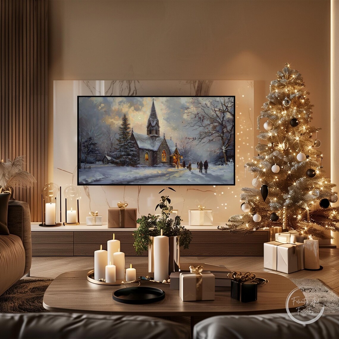 Snowy Church on Christmas Eve Night in Falling Snow Winter Poster - Image 3