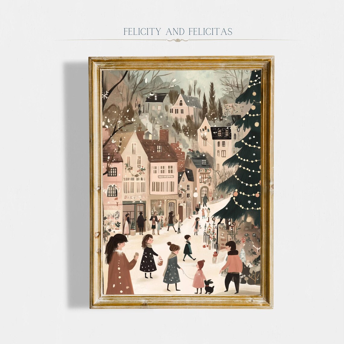 Snowy Christmas Village Square Children Shops Storybook Art Poster