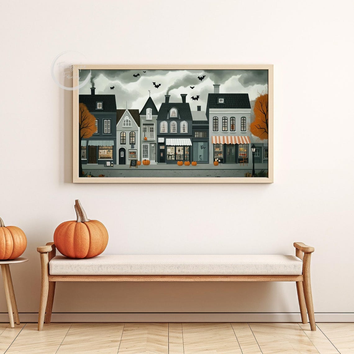 Spooky Halloween Village Street with Bats and Pumpkins Dusk Poster - Image 6