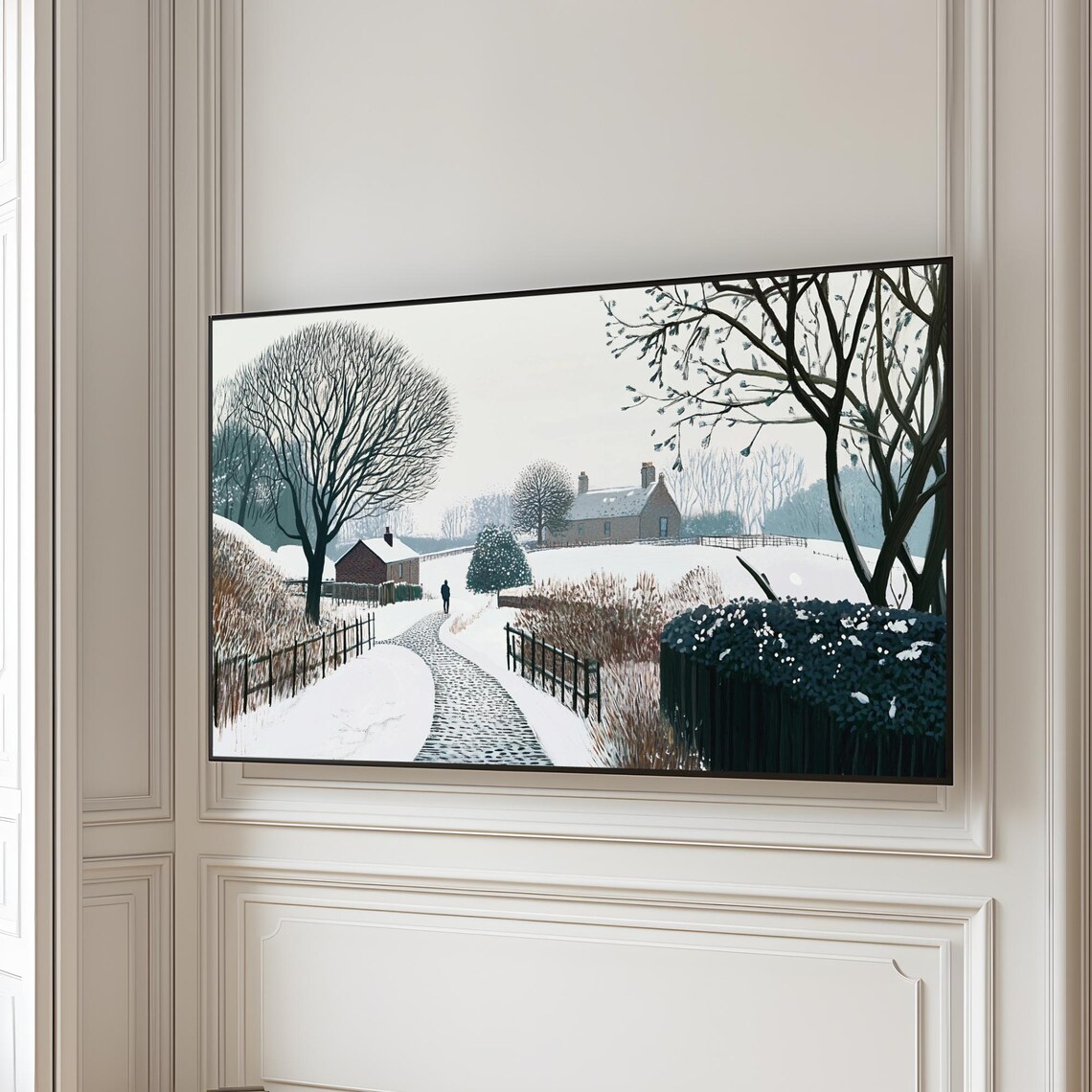 Snowy Country Lane Cottages Lone Walker Winter Countryside Poster - Image 4