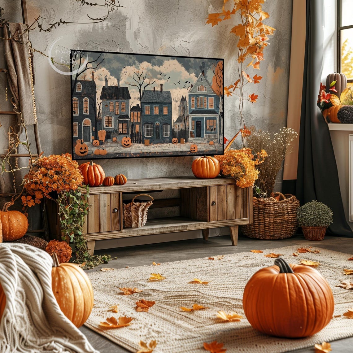 Haunted Halloween Street with Jack O Lanterns Vintage Style Poster - Image 3