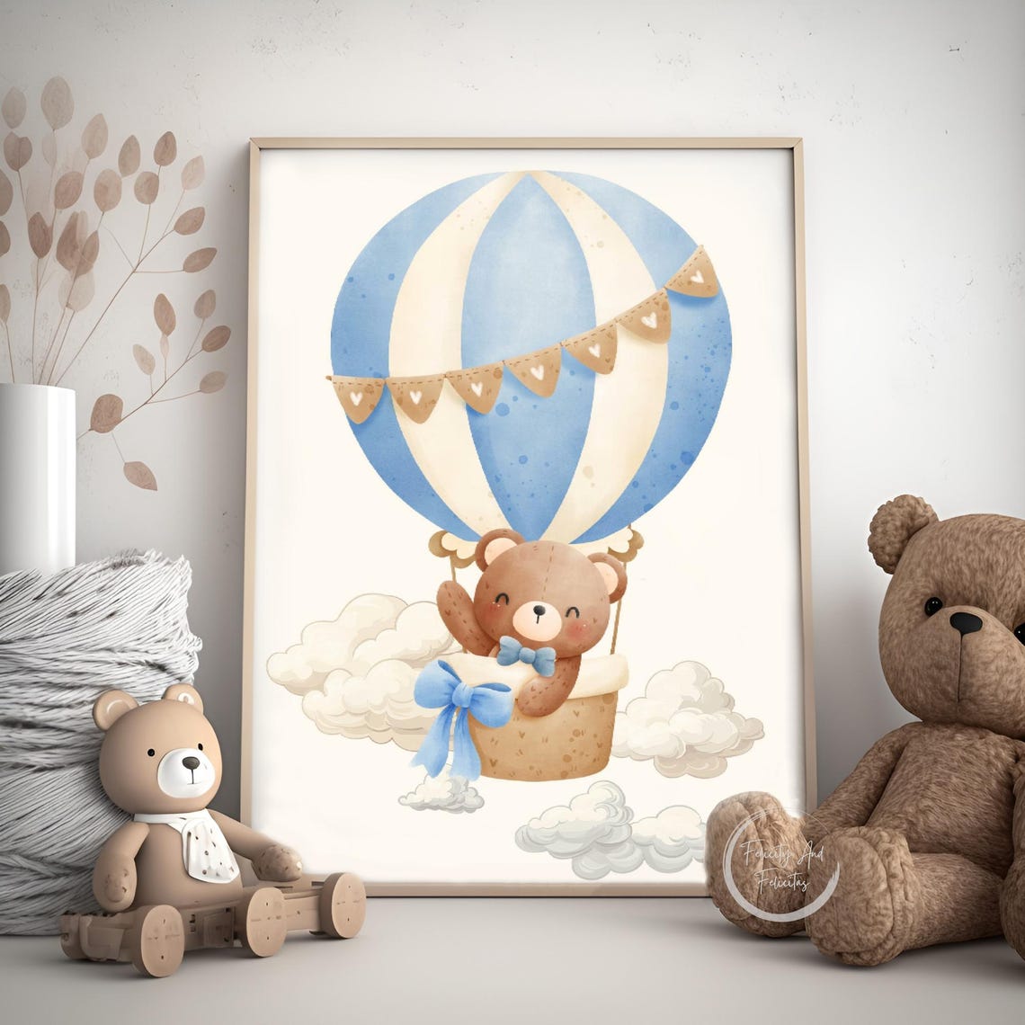 Blue Teddy Bear Hot Air Balloon Nursery Set Boy Room Wall Art - Image 6