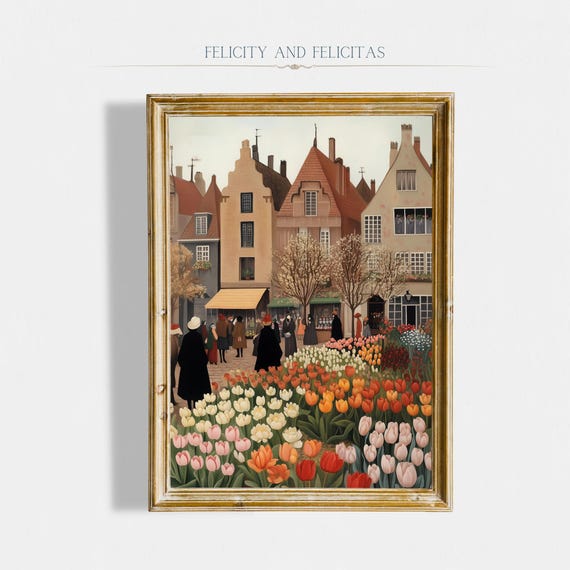 Tulip Spring Market Wall Art Cute Spring Village Art Spring Farmhouse Decor Vintage Tulip Illustration