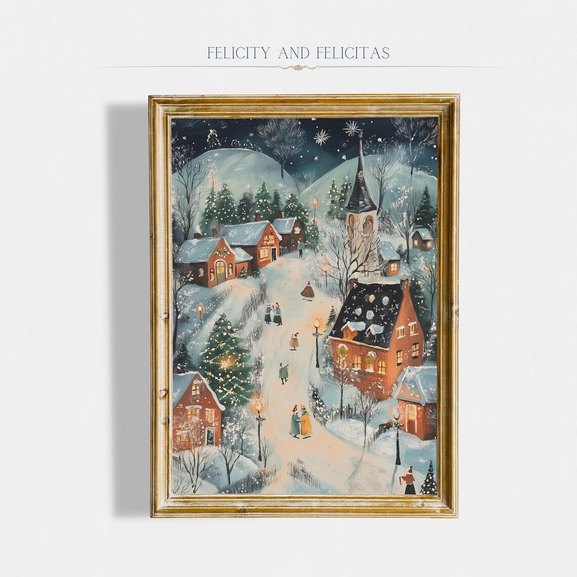 Snowy Village Night Church With Glowing Windows Folk Art Poster