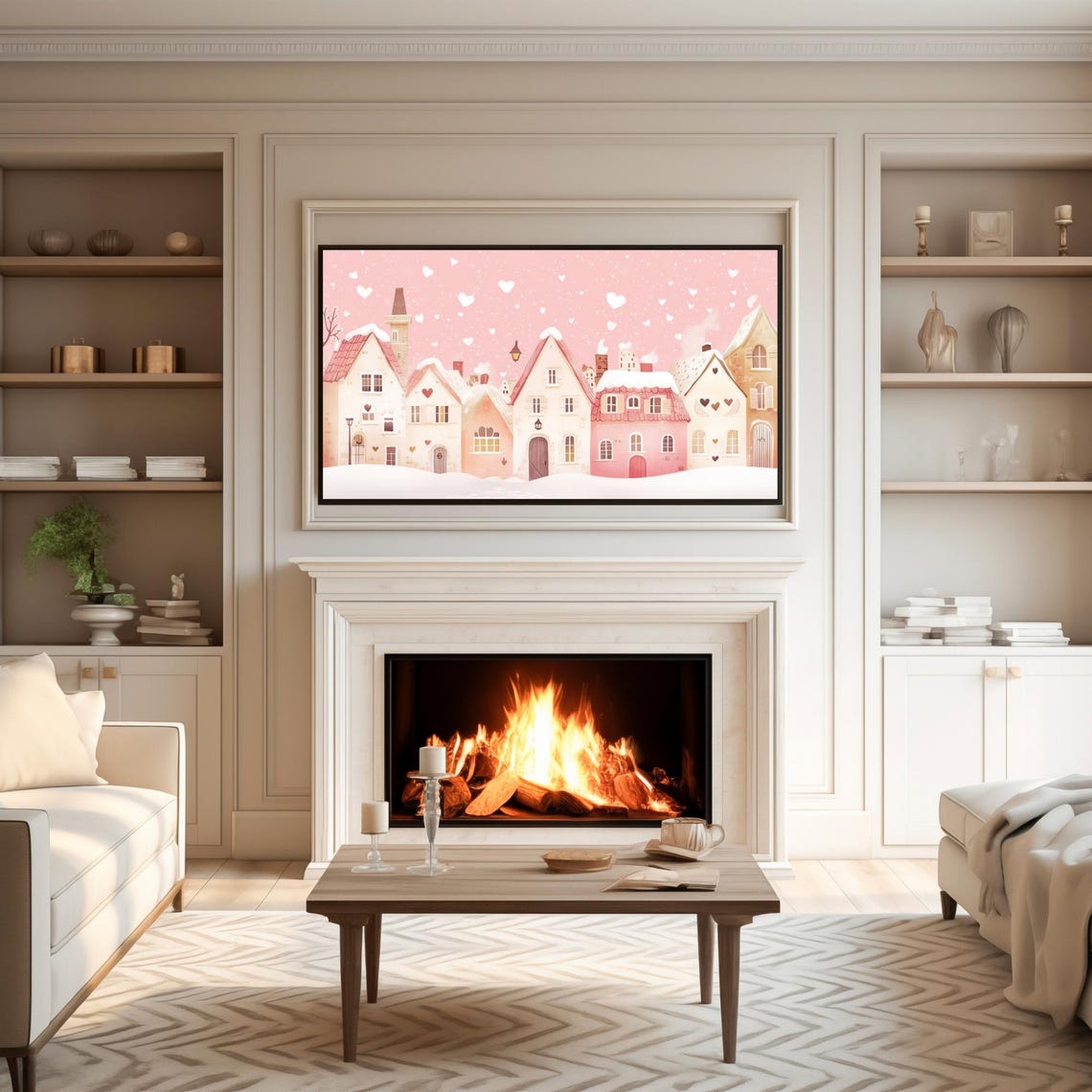 Blush Pink Winter Village with Falling Hearts Frame TV Art Poster - Image 4