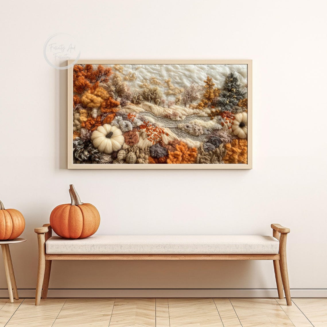 Textured Fiber Art Autumn Landscape with Pumpkins Fall Hills Poster - Image 6