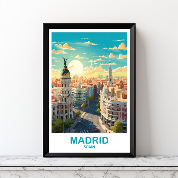 Madrid Travel Poster, City Skyline Sunset