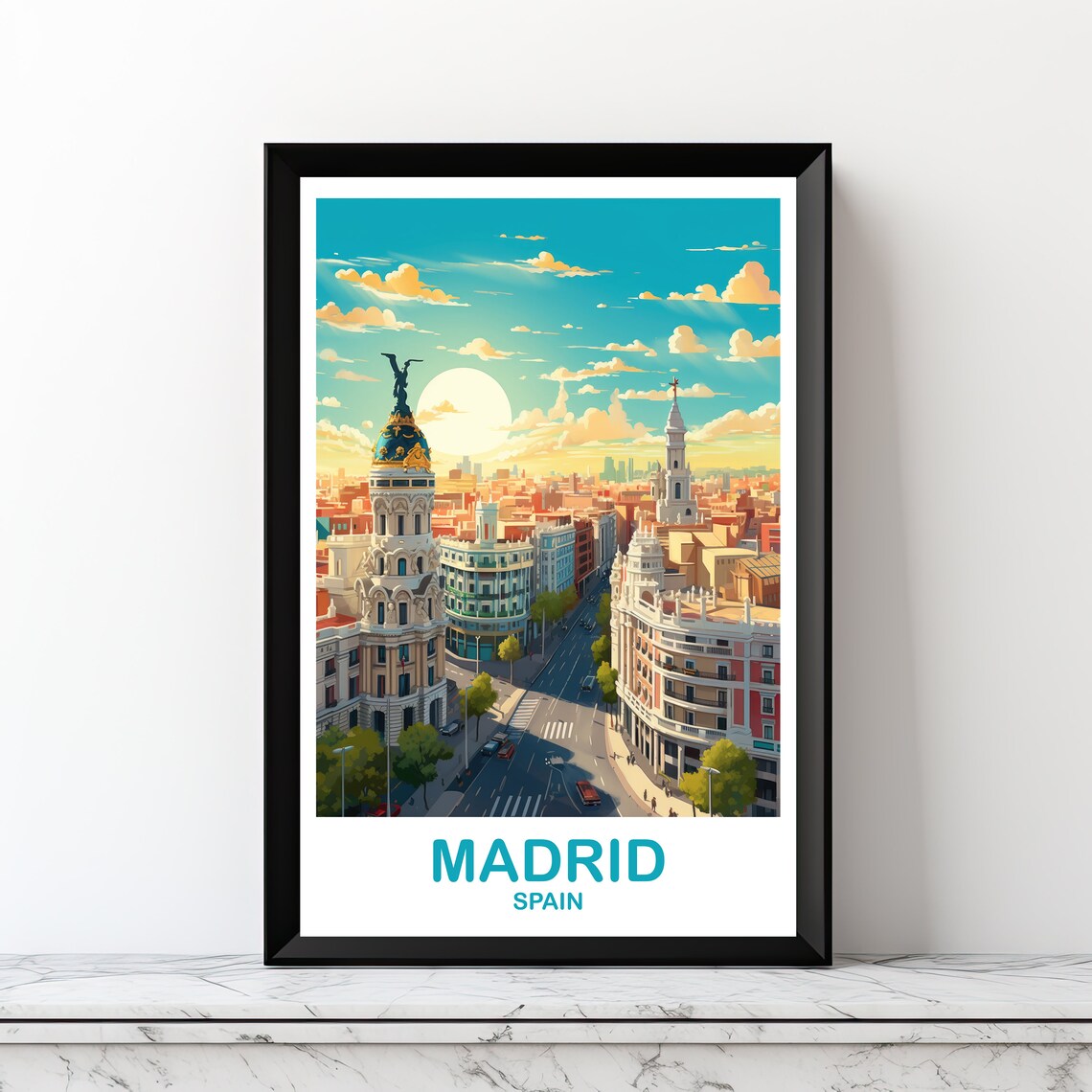 Madrid Travel Poster, City Skyline Sunset