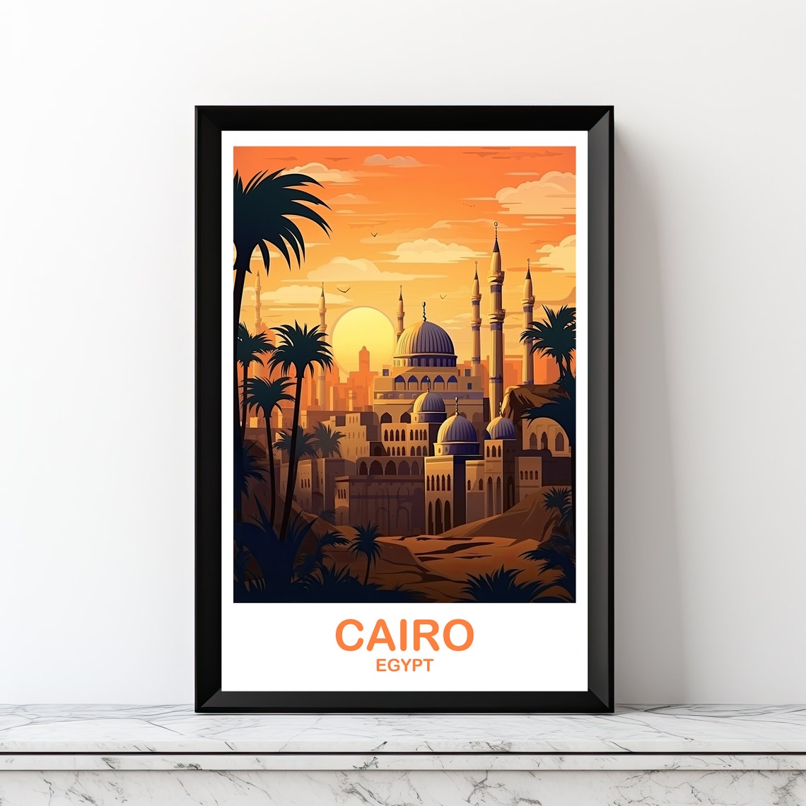 Cairo Egypt Sunset Dome Silhouette Minaret City Travel Art Poster