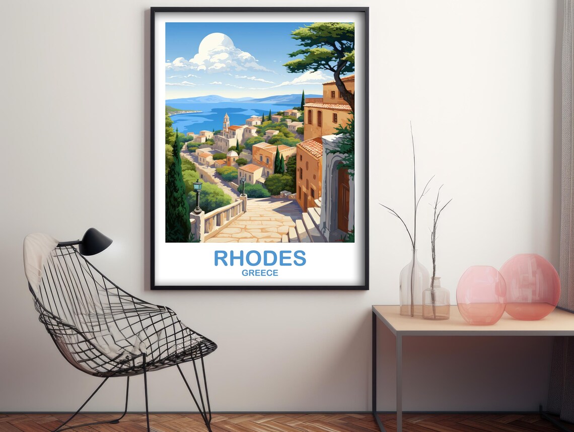 Rhodes Greece Old Town Travel Poster With Stone Stairway and Sea View