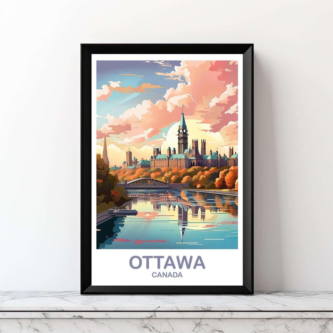 Ottawa Canada Parliament Hill Autumn Skyline Retro Travel Poster