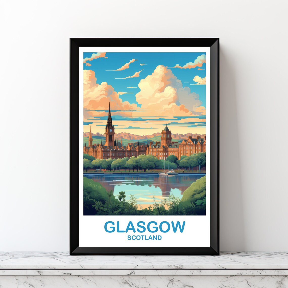 Glasgow Scotland Riverside City Skyline Sunset Travel Art Poster