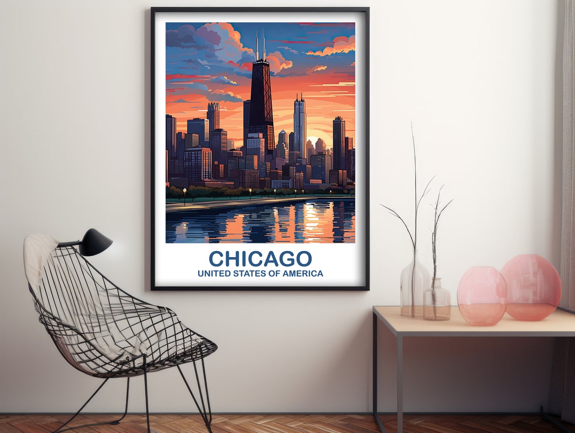 Chicago USA Sunset Skyline Lakefront Evening Travel Art Poster - Image 2