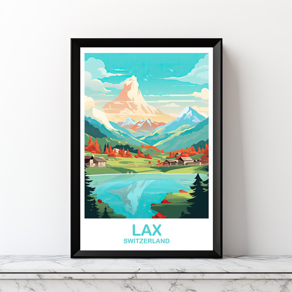 Lax Switzerland Matterhorn Lake Village Autumn Alps Travel Poster