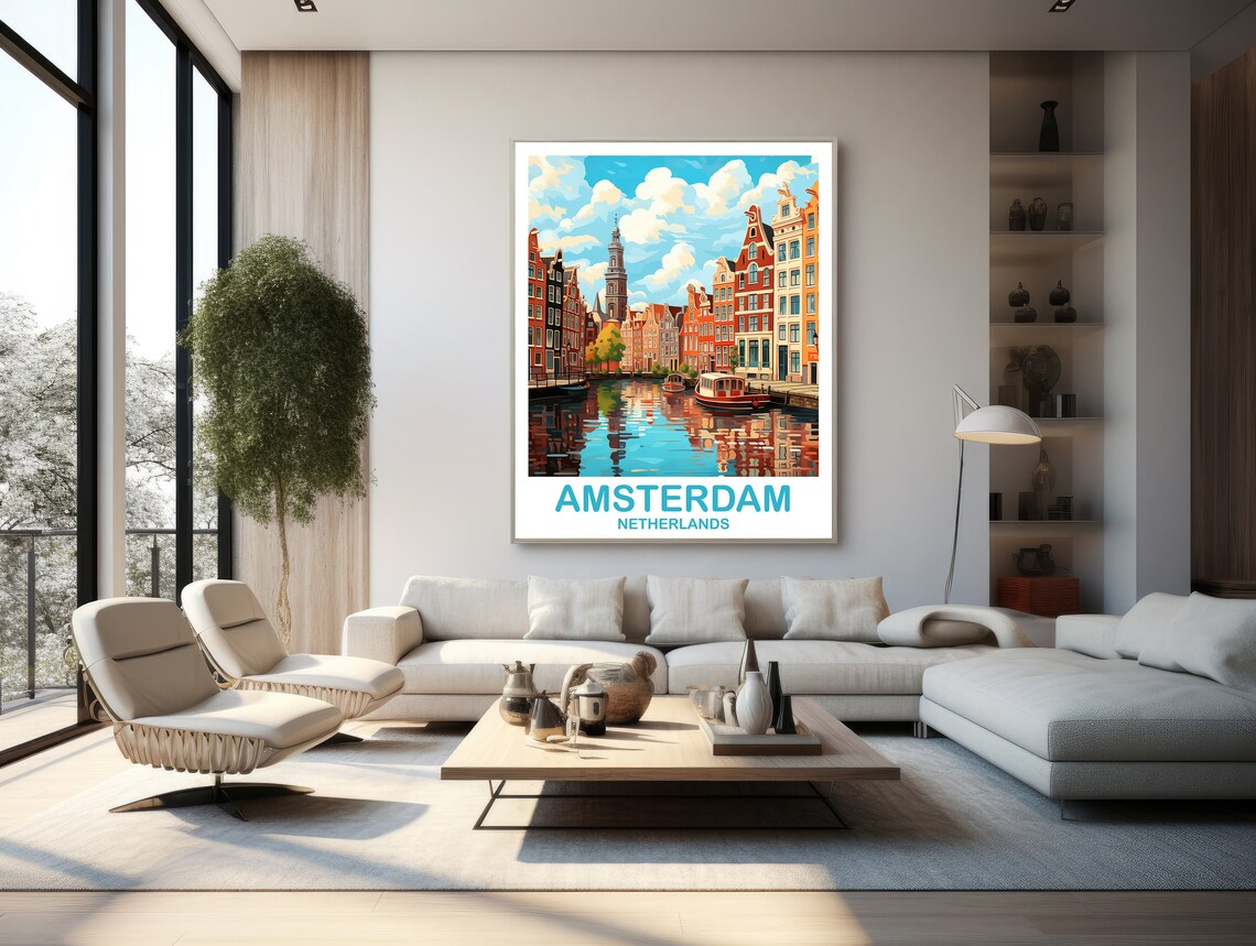 Amsterdam Netherlands Canal Houses and Boats Bright Travel Poster - Image 2