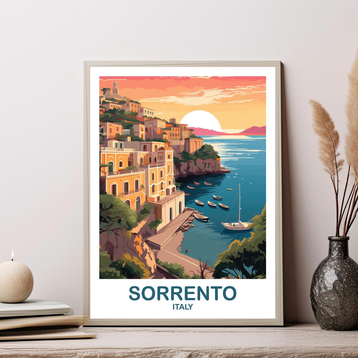 Sorrento Italy Vintage Sunset Travel Poster Coastal Seaside Town
