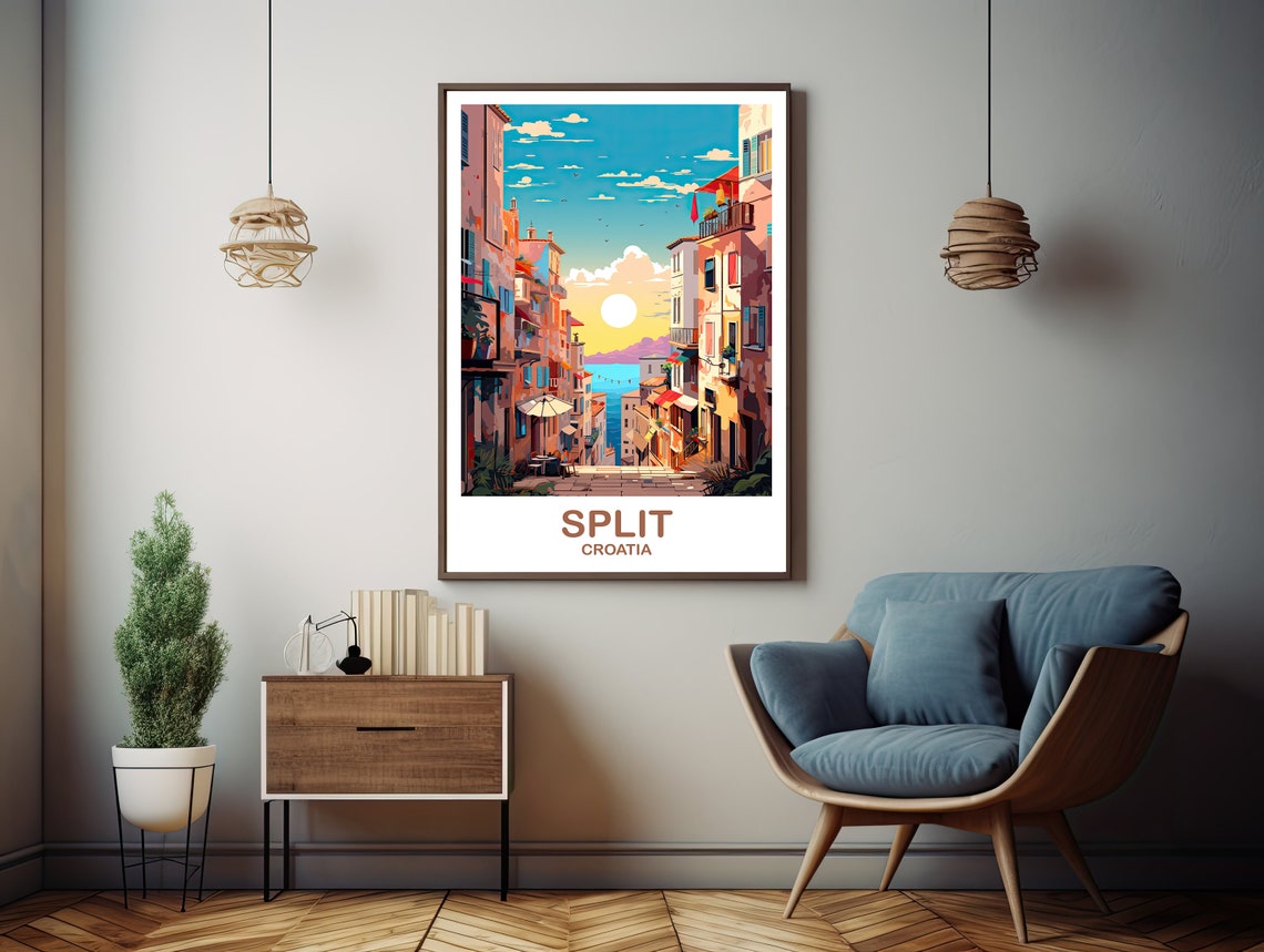Split Croatia Old Town Street Sunset Sea Vintage Travel Art Poster - Image 3