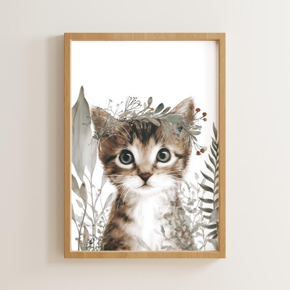 Cute Tabby Kitten Floral Crown Nursery Art Poster Watercolor Botanical