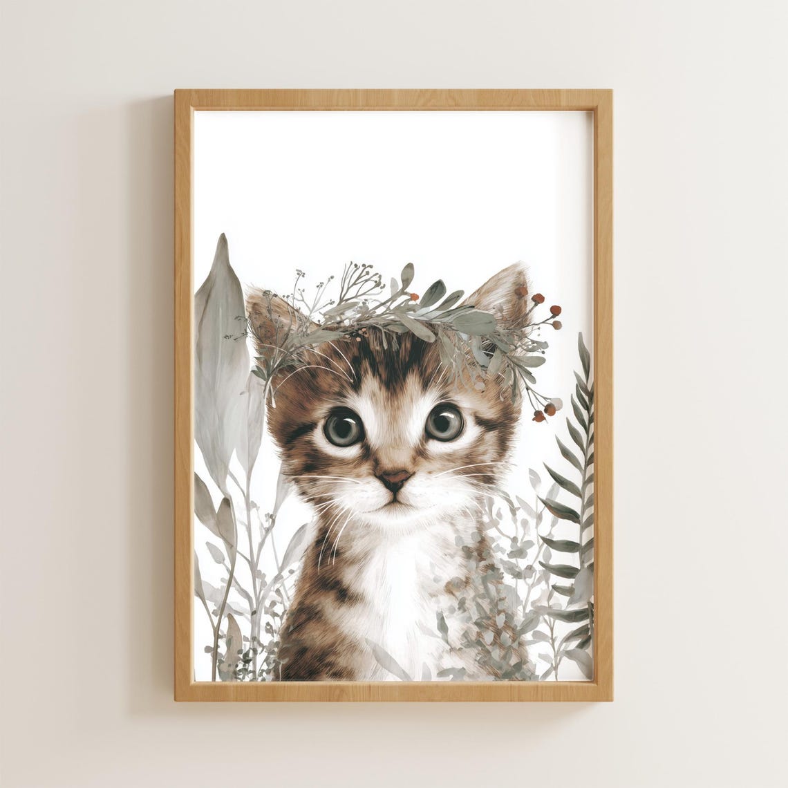 Cute Tabby Kitten Floral Crown Nursery Art Poster Watercolor Botanical