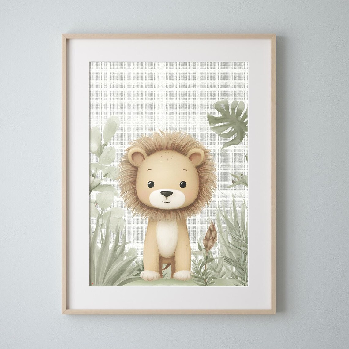 Cute Baby Lion Jungle Leaves Soft Nursery Kids Room Wall Art