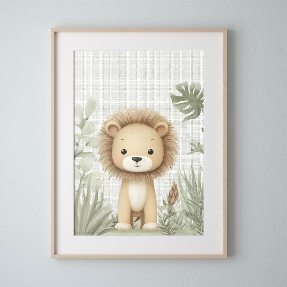 Cute Baby Lion Jungle Leaves Soft Nursery Kids Room Wall Art