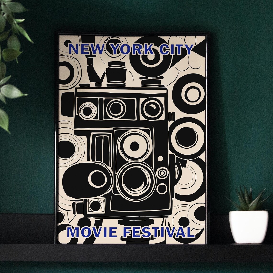 New York City Movie Festival Vintage Camera Black Beige Poster