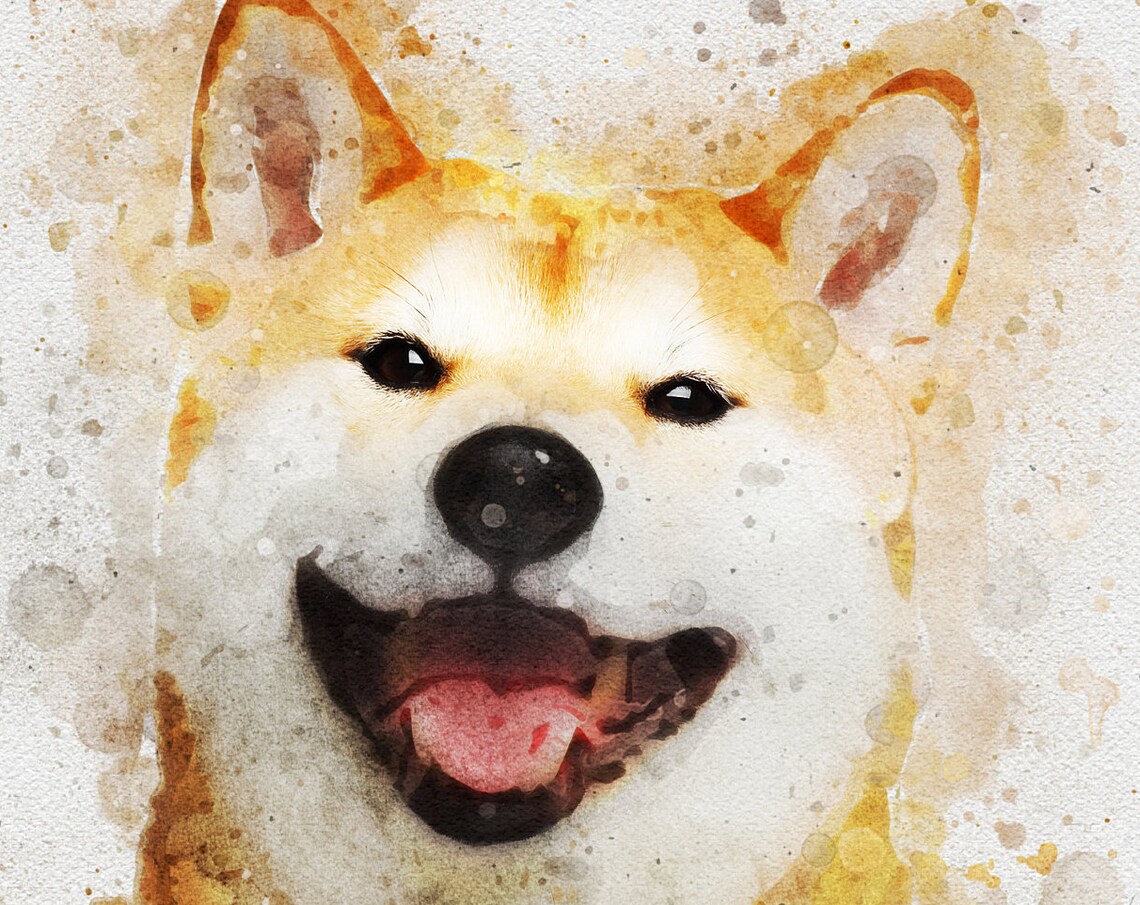 Smiling Shiba Inu Watercolor Dog Portrait Golden Tones Art Print
