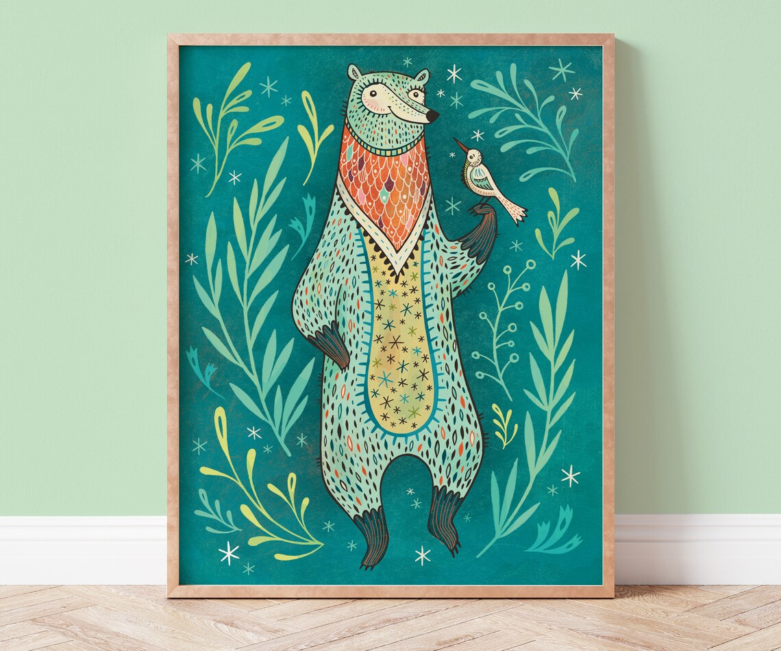 Bear And Bird Art Print, Woodland Animals Kids Room