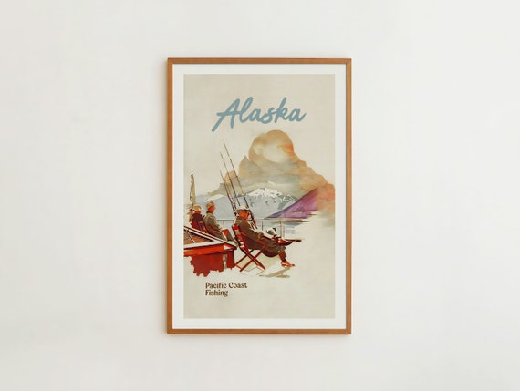 Alaska Fishing Print Retro Fishing Art Fishing Wall Art Pacific Coast Travel Poster Fishing Gift For Dad Outdoorsy Wall Decor
