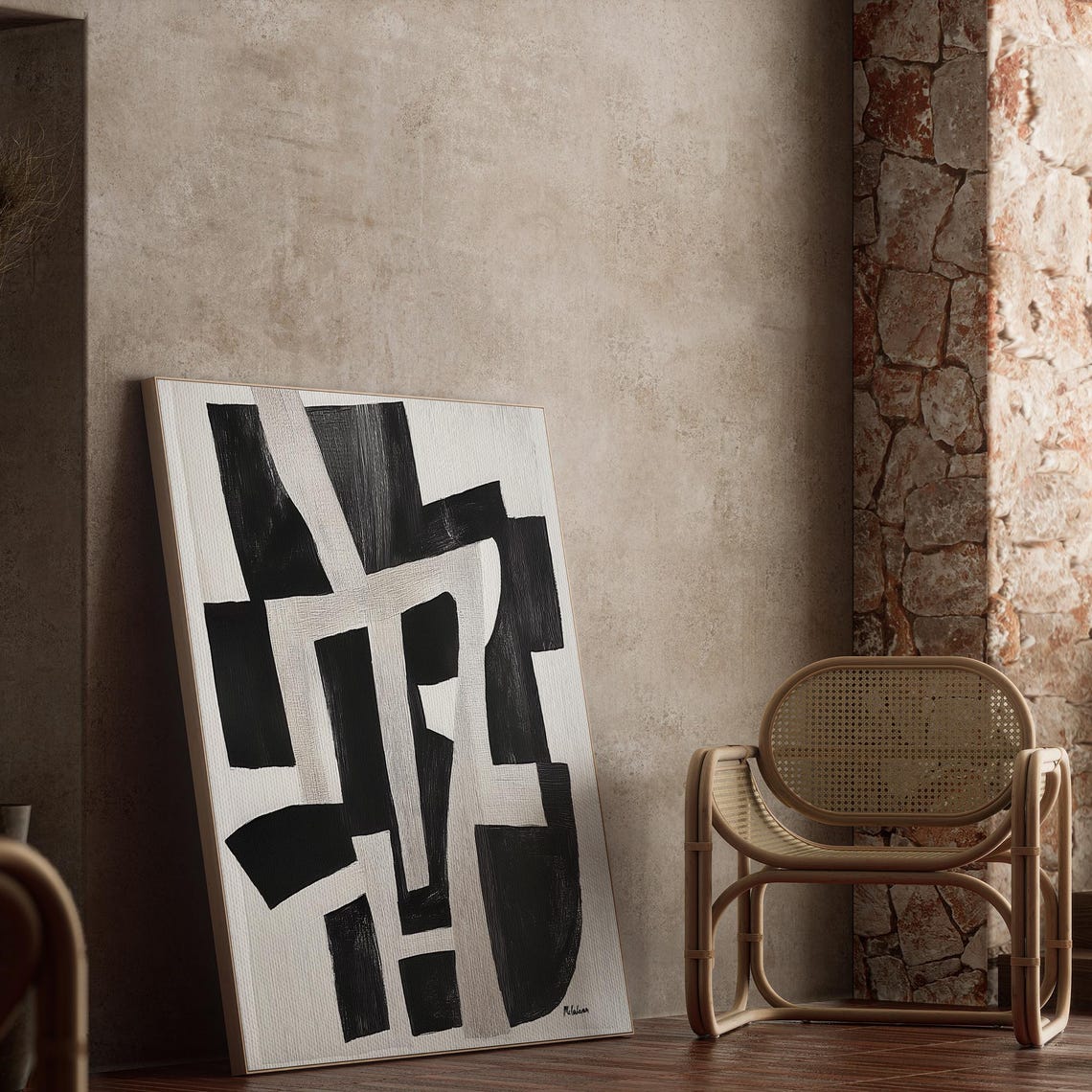 Bold Black and White Abstract Geometric Brushstroke Art Poster - Image 2