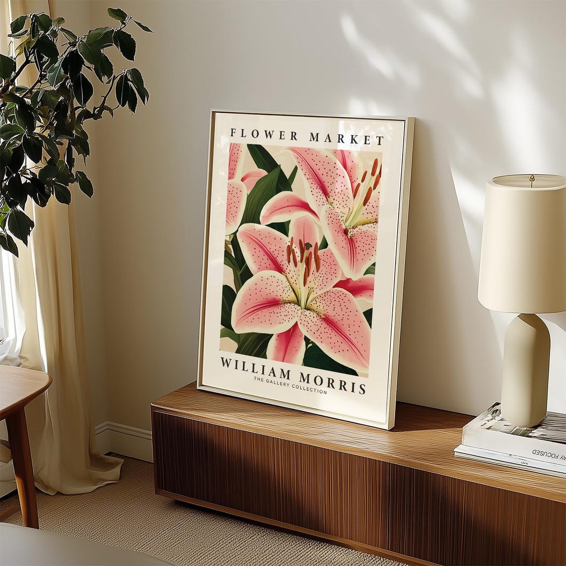 William Morris Flower Market Pink Stargazer Lily Botanical Poster - Image 3