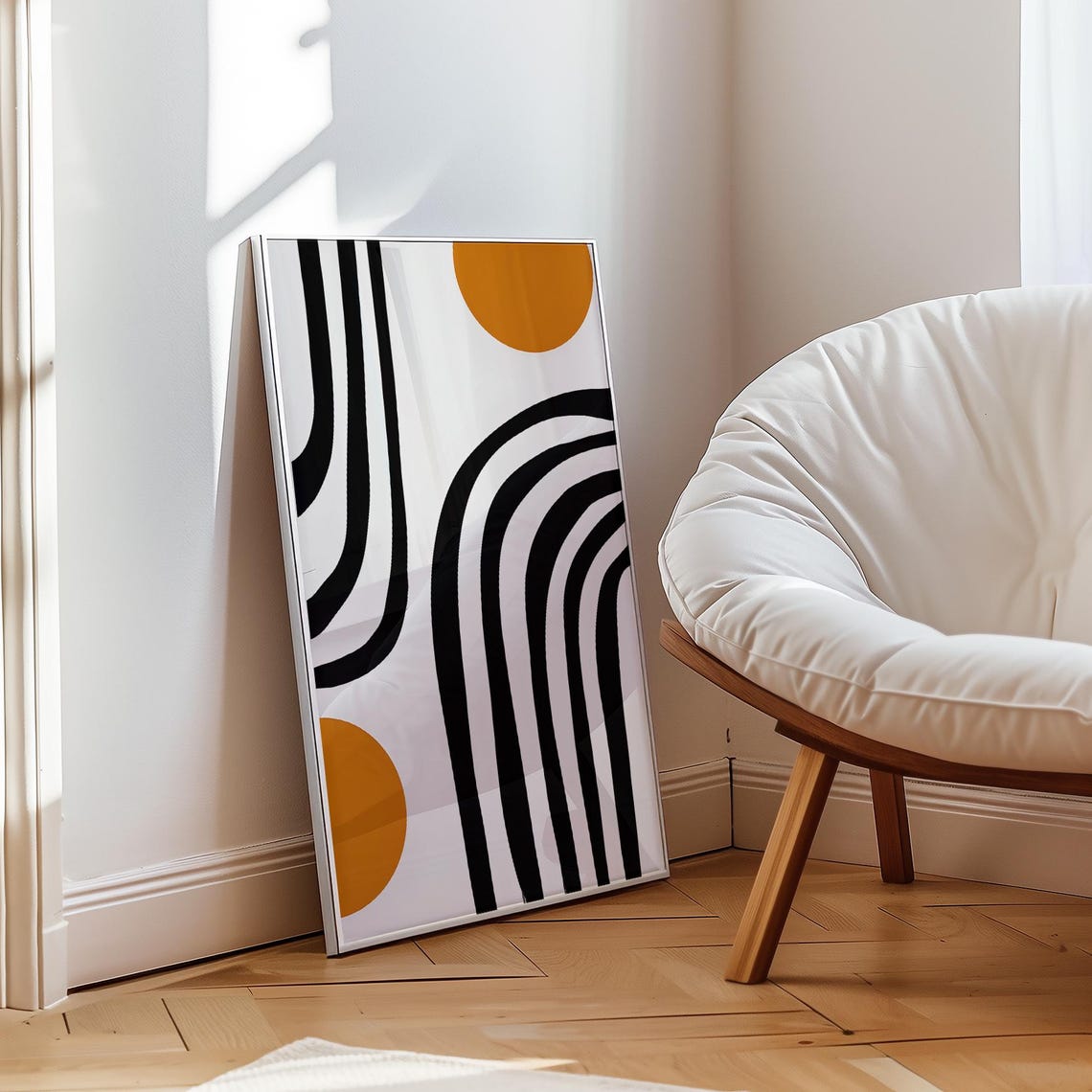 Black Wavy Stripe Orange Circle Modern Abstract Geometric Poster - Image 3