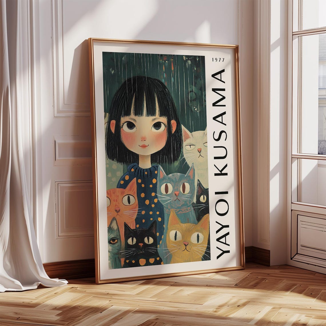 Quirky Girl And Cats Art Print Yayoi Kusama Inspired Whimsical Wall Art For Bedroom Dorm Room Poster Unique Print For Living Room Wall