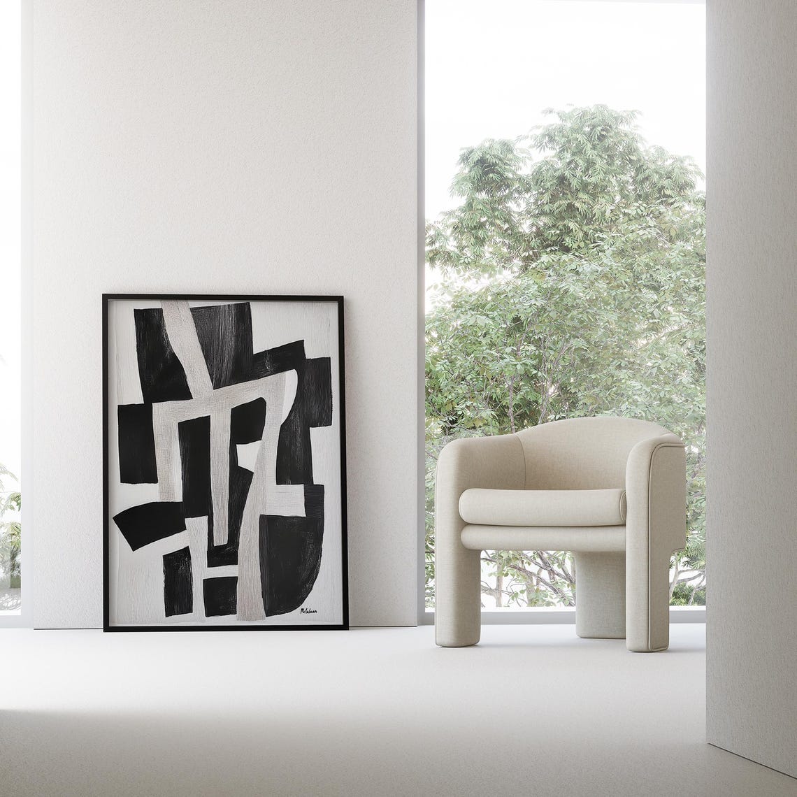 Bold Black and White Abstract Geometric Brushstroke Art Poster