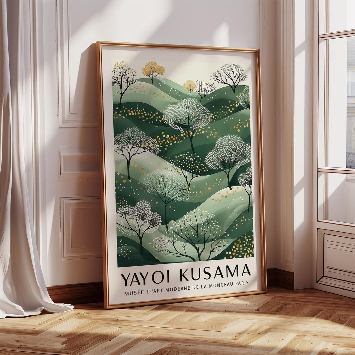 Yayoi Kusama Green Rolling Hills Trees Golden Dots Nature Poster