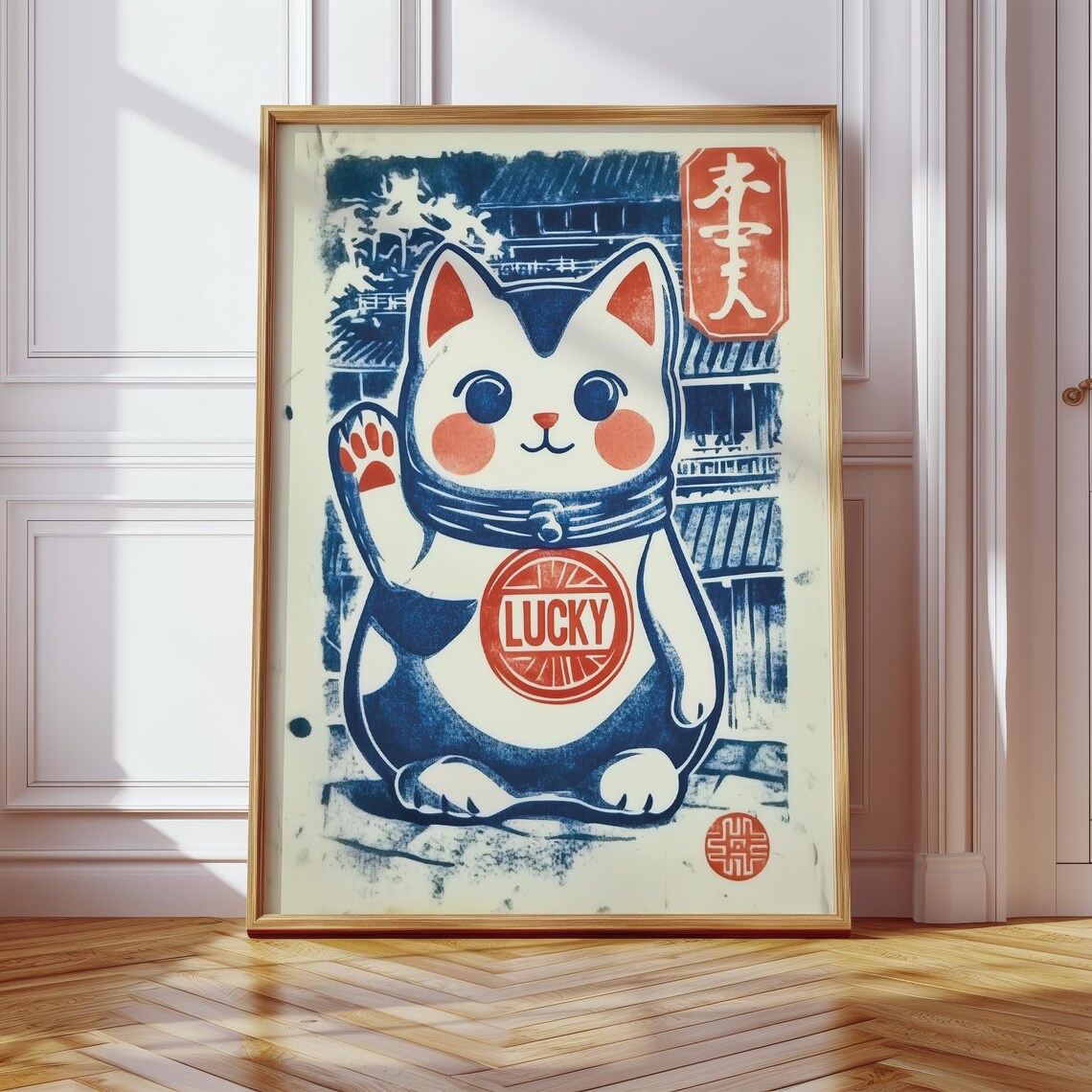 Lucky Cat Maneki Neko Japanese Woodblock Style Blue Art Poster - Image 2