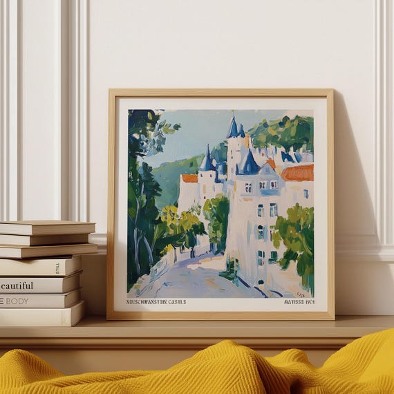 Medieval Castle Art Neuschwanstein Castle Print In Painterly Style Romantic Bavarian Landmark Wall Art Famous German Landmark Poster