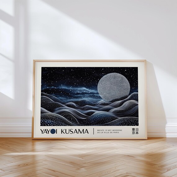 White Dotted Moon Over Night Waves Yayoi Kusama Museum Poster