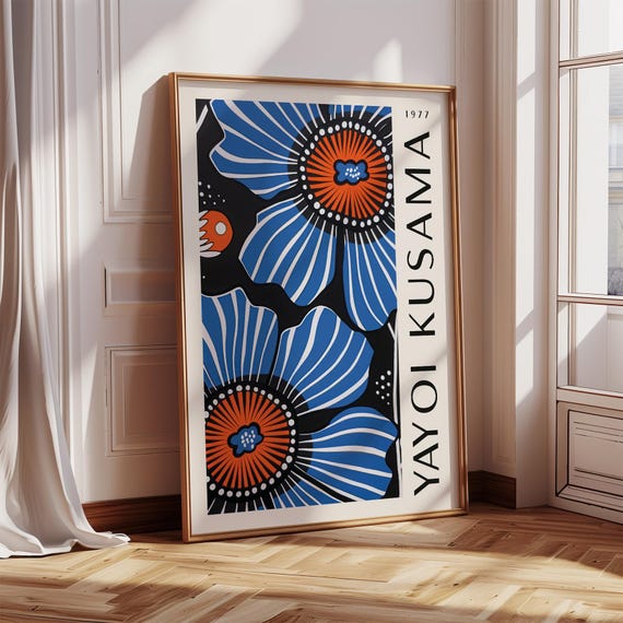Bold Blue Floral Wall Art Yayoi Kusama Poster Modern Abstract Graphic Decor For Office Living Room Studio