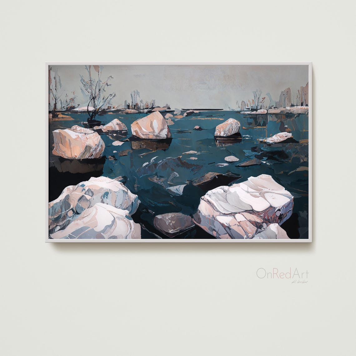 River Rocks Abstract Teal Water Expressive Calm Landscape Poster