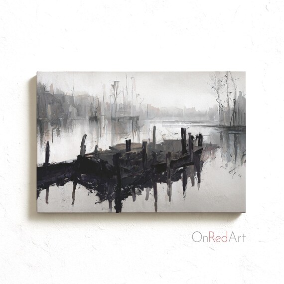 Stunning Monochrome Misty Lake Dock Black White Landscape Art Poster
