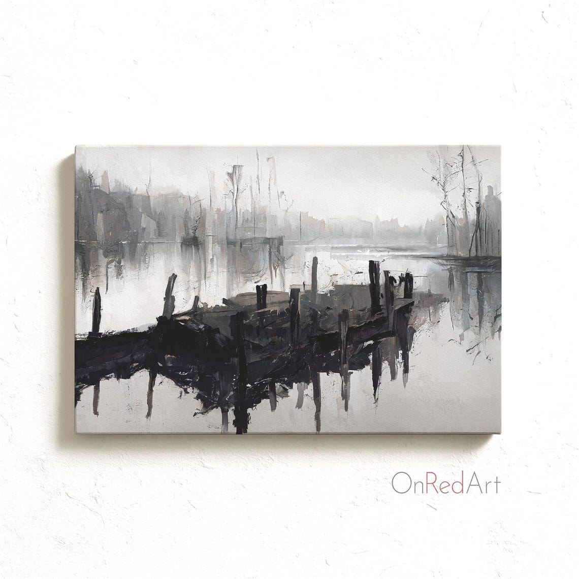 Stunning Monochrome Misty Lake Dock Black White Landscape Art Poster