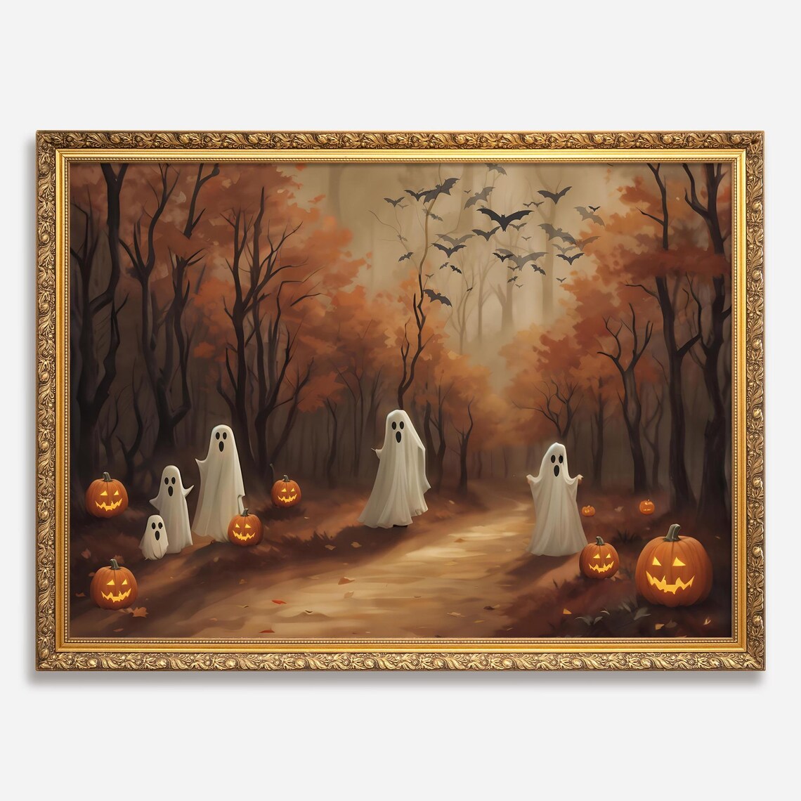 Vintage Halloween Ghost Forest Cute Spooky Autumn Landscape Poster - Image 2