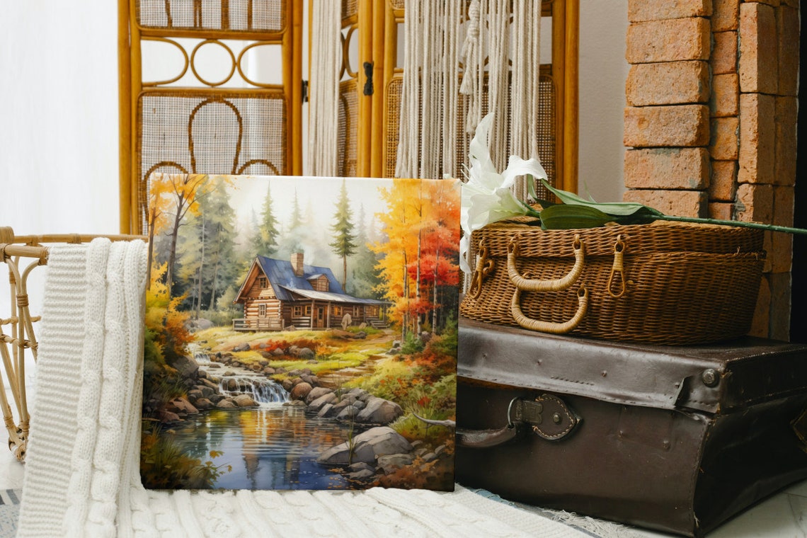 Watercolor Rustic Cabin in Autumn by a Peaceful Stream Poster Art - Image 5