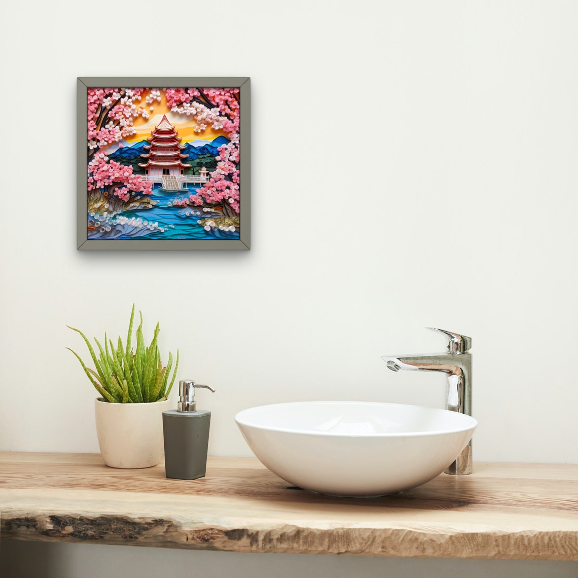 Quilled Paper Japanese Pagoda Cherry Blossoms Lake Scene Poster - Image 4